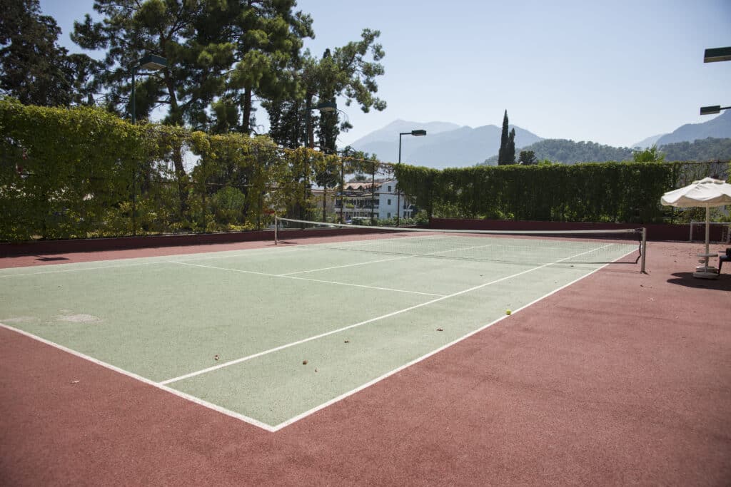 Empty outdoor tennis court with a single set of white lines and a net, bordered by hedges and trees